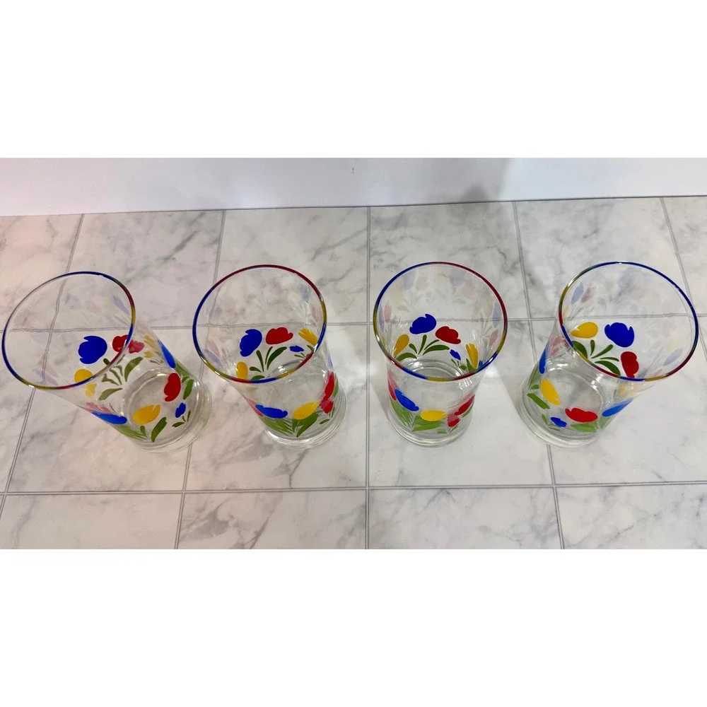 Vintage Federal Glass Tulip Tyme Tumblers Set of 4 Primary Colors Floral Glass